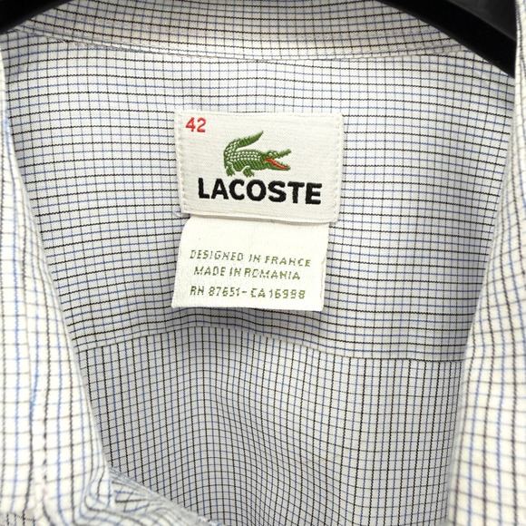 Lacoste Mens 42 Pre-Owned Dress Shirt LS Gingham Check Blue White Button Down - Picture 6 of 14